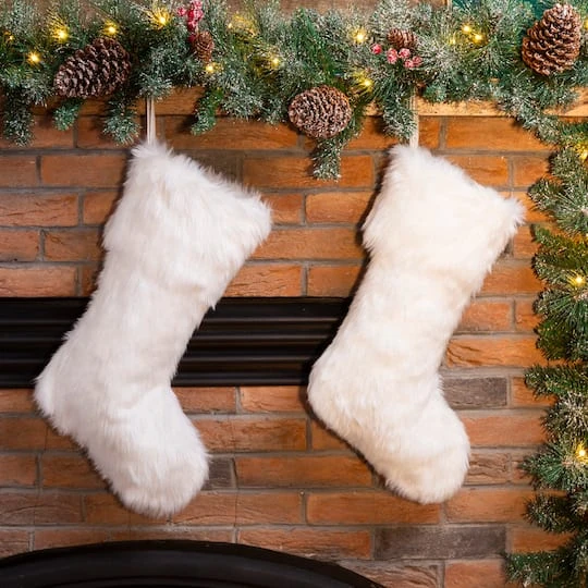 Glitzhome® 21" White Plush Stocking, Set Of 2 5 Glitzhome® 21" White Plush Stocking, Set Of 2 - Image 3