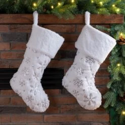Glitzhome® 21" White Plush Snowflake Stocking, Set Of 2 -Christmas Designers Store D479595S 2