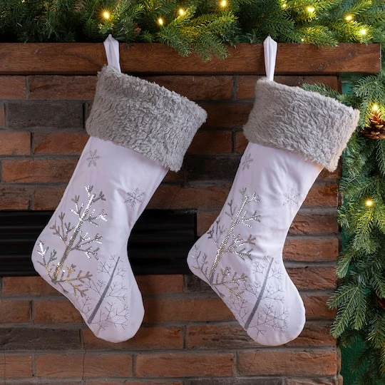 Glitzhome® 21" White Fleece Stocking With Christmas Tree & Snowflake, 2ct. 5 Glitzhome® 21" White Fleece Stocking With Christmas Tree & Snowflake, 2ct. - Image 3
