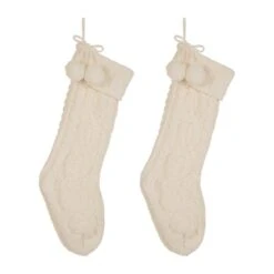 Glitzhome® 24" White Knitted Polyester Christmas Stocking With Pom Pom, 2ct.