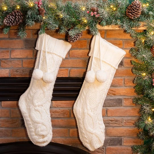 Glitzhome® 24" White Knitted Polyester Christmas Stocking With Pom Pom, 2ct. 5 Glitzhome® 24" White Knitted Polyester Christmas Stocking With Pom Pom, 2ct. - Image 3
