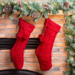 Glitzhome® 24" Red Knitted Polyester Christmas Stocking With Pom Pom, 2ct. -Christmas Designers Store D479603S 2