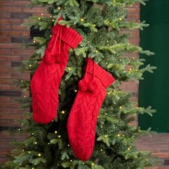 Glitzhome® 24" Red Knitted Polyester Christmas Stocking With Pom Pom, 2ct. -Christmas Designers Store D479603S 3