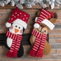 Glitzhome® 19" Penguin & Reindeer Hooked Stocking Set -Christmas Designers Store D479609S 3