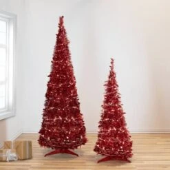 Northlight 6ft. Pre-Lit Red Tinsel Artificial Pop-Up Christmas Tree, Clear Lights -Christmas Designers Store D489968S 12