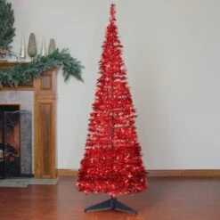 Northlight 6ft. Pre-Lit Red Tinsel Artificial Pop-Up Christmas Tree, Clear Lights -Christmas Designers Store D489968S 2