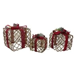 Northlight LED Rustic Rattan Christmas Gift Boxes With Pinecones Set -Christmas Designers Store D491560S 1 1