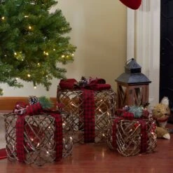 Northlight LED Rustic Rattan Christmas Gift Boxes With Pinecones Set -Christmas Designers Store D491560S 2