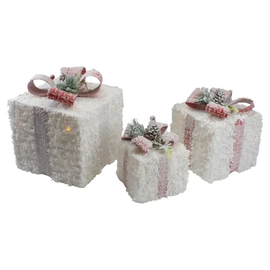 Northlight LED Frosted Rattan Christmas Gift Boxes With Pinecones Set 3 Northlight LED Frosted Rattan Christmas Gift Boxes With Pinecones Set