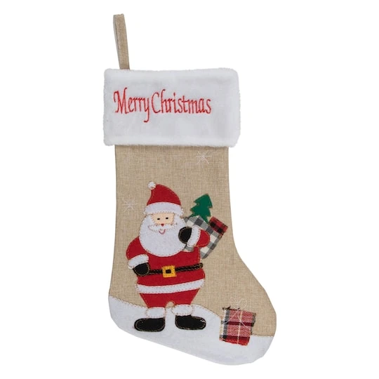 Northlight 19" Beige & Red Burlap Santa Christmas Stocking 4 Northlight 19" Beige & Red Burlap Santa Christmas Stocking - Image 2