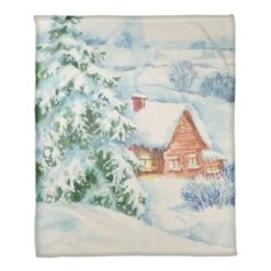 Watercolor Winter Cabin 50x60 Coral Fleece Blanket