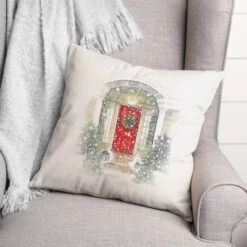 Home For Holidays Door 18x18 Throw Pillow -Christmas Designers Store D518127S 2