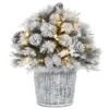 22" Pre-Lit Flocked Chiwawa Basin Pine Tree With Pinecones In Gray Pot, Clear LED Lights