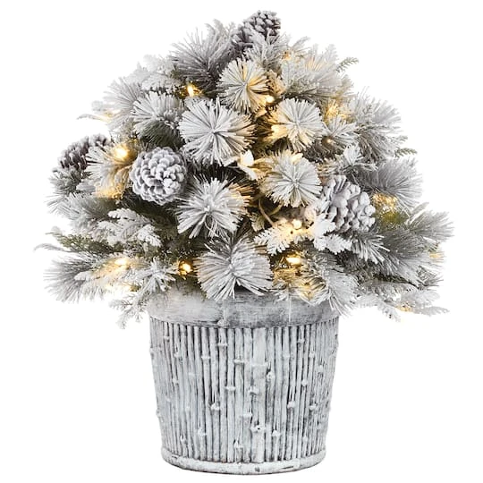 22" Pre-Lit Flocked Chiwawa Basin Pine Tree With Pinecones In Gray Pot, Clear LED Lights 3 22" Pre-Lit Flocked Chiwawa Basin Pine Tree With Pinecones In Gray Pot, Clear LED Lights