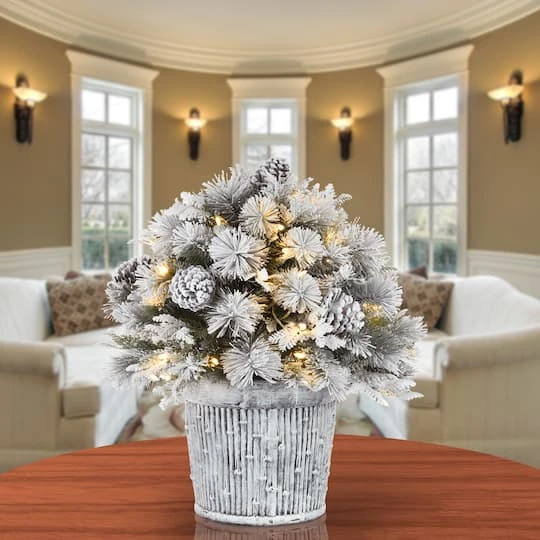 22" Pre-Lit Flocked Chiwawa Basin Pine Tree With Pinecones In Gray Pot, Clear LED Lights 5 22" Pre-Lit Flocked Chiwawa Basin Pine Tree With Pinecones In Gray Pot, Clear LED Lights - Image 3