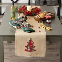DII® 108" Embroidered Tree Burlap Table Runner -Christmas Designers Store D540105S 7