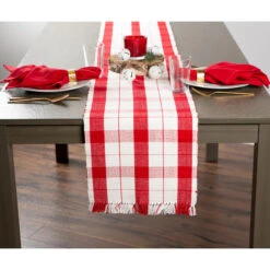 DII® 72" Red Tinsel Plaid Fringed Table Runner -Christmas Designers Store D540107S 7