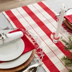 DII® 72" Red Tinsel Plaid Fringed Table Runner -Christmas Designers Store D540107S 8