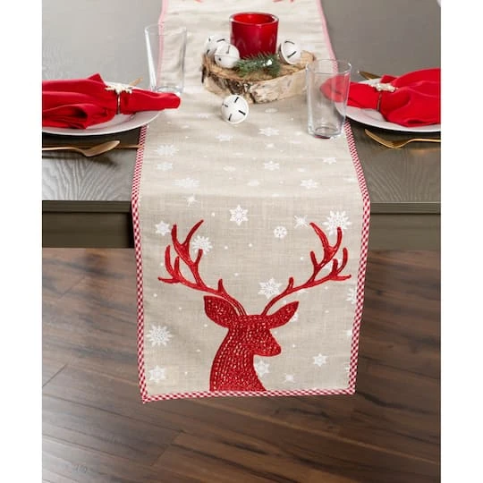 DII® 70" Red Reindeer Embroidered Table Runner 5 DII® 70" Red Reindeer Embroidered Table Runner - Image 3