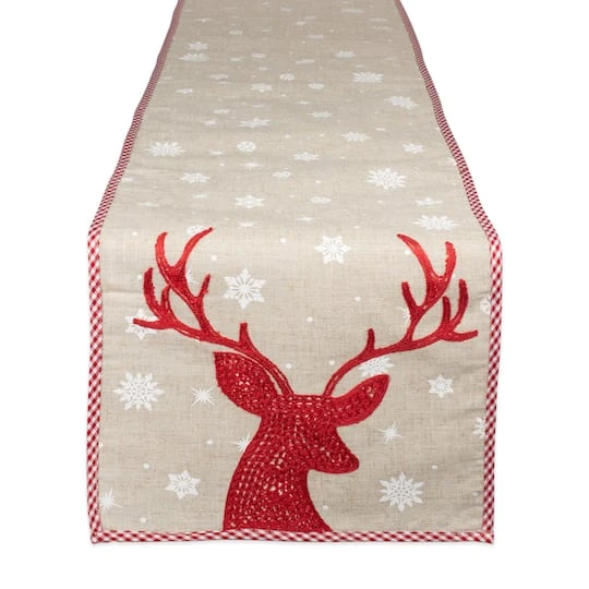 DII® 108" Red Reindeer Embroidered Table Runner 4 DII® 108" Red Reindeer Embroidered Table Runner - Image 2