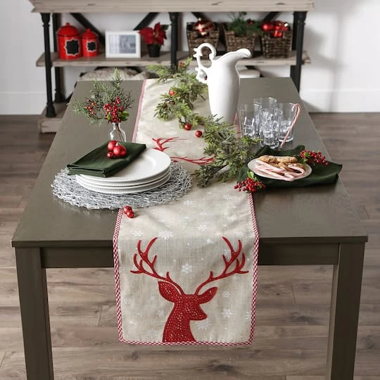 DII® 108" Red Reindeer Embroidered Table Runner 13 DII® 108" Red Reindeer Embroidered Table Runner - Image 11