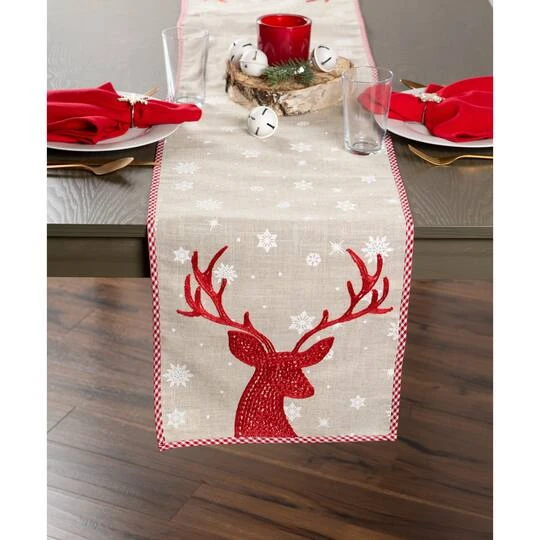 DII® 108" Red Reindeer Embroidered Table Runner 10 DII® 108" Red Reindeer Embroidered Table Runner - Image 8