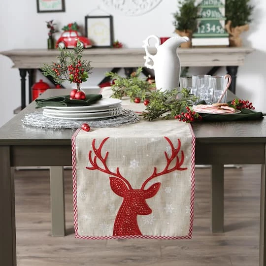 DII® 108" Red Reindeer Embroidered Table Runner 12 DII® 108" Red Reindeer Embroidered Table Runner - Image 10