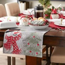 DII® 70" Grey Snowman Embroidered Table Runner -Christmas Designers Store D540118S 3