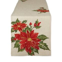 DII® 70" Cream Poinsettia Holly Embroidered Table Runner 12 DII® 70" Cream Poinsettia Holly Embroidered Table Runner -Christmas Designers Store D540119S 1 1