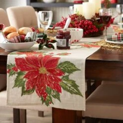 DII® 70" Cream Poinsettia Holly Embroidered Table Runner 16 DII® 70" Cream Poinsettia Holly Embroidered Table Runner -Christmas Designers Store D540119S 5