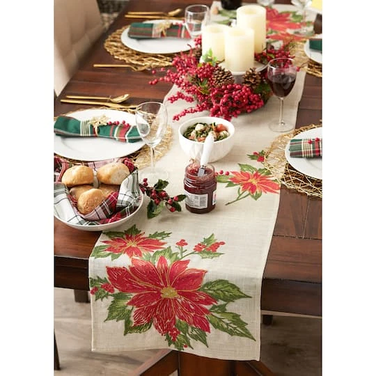 DII® 70" Cream Poinsettia Holly Embroidered Table Runner 11 DII® 70" Cream Poinsettia Holly Embroidered Table Runner - Image 9