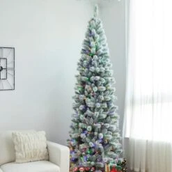 9ft. Pre-Lit Flocked Pine Pencil Artificial Christmas Tree, Multicolor LED Lights -Christmas Designers Store D652268S 3