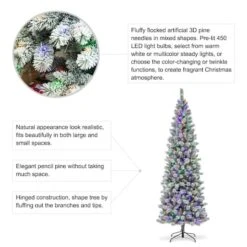 9ft. Pre-Lit Flocked Pine Pencil Artificial Christmas Tree, Multicolor LED Lights -Christmas Designers Store D652268S 7