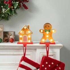 Glitzhome® Marquee LED Gingerbread House & Gingerbread Man Christmas Stocking Holder Set 14 Glitzhome® Marquee LED Gingerbread House & Gingerbread Man Christmas Stocking Holder Set -Christmas Designers Store D652344S 3