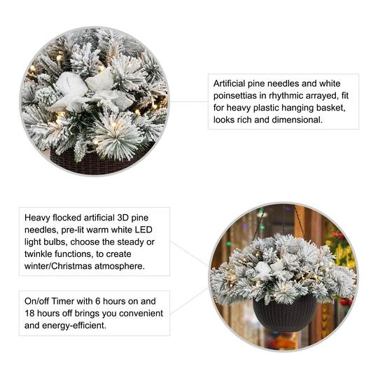 Glitzhome® 24'' Pre-Lit Snow Flocked Christmas Artificial Pine Poinsettia Hanging Baskets, 2ct. 11 Glitzhome® 24'' Pre-Lit Snow Flocked Christmas Artificial Pine Poinsettia Hanging Baskets, 2ct. - Image 9