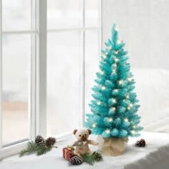 3ft. Pre-Lit Fashion Teal Artificial Christmas Tree In Burlap Base, Clear Lights -Christmas Designers Store D659664S 3