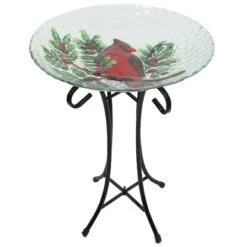Northlight 21" Red Cardinal & Pine Cone Glass Bird Bath With Stand